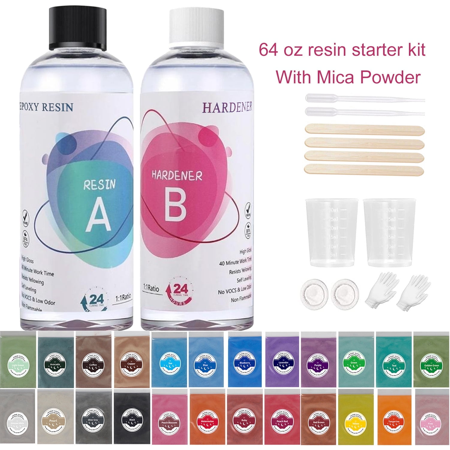 Omewoold Epoxy Resin,64oz Epoxy Resin Kit for Beginner,Crystal Clear Epoxy Resin with Mica Powder,Hand Casting & Coating Kits Art Craft Supplies,DIY Jewelry Making