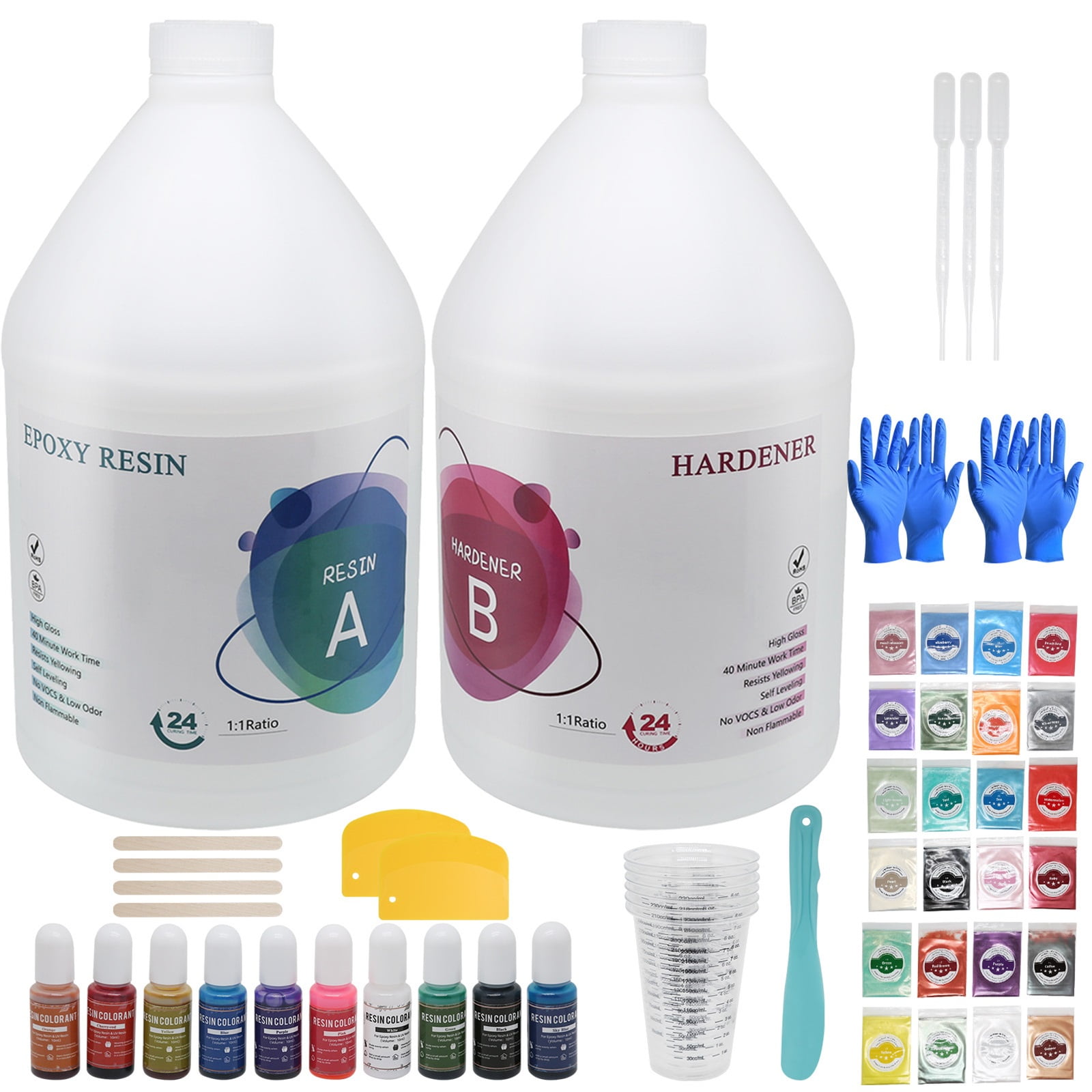 Epoxy Resin 1 Gallon, Omewoold Crystal Clear Resin Kit with 10 Color Pigments, 24 Mica Powder, No Bubble Casting Resin for Art Crafts, Jewelry Making, DIY River Table Countertop Tumbler