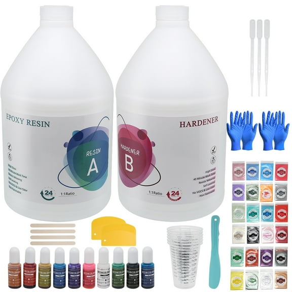 Epoxy Resin 1 Gallon, Omewoold Crystal Clear Resin Kit with 10 Color Pigments, 24 Mica Powder, No Bubble Casting Resin for Art Crafts, Jewelry Making, DIY River Table Countertop Tumbler