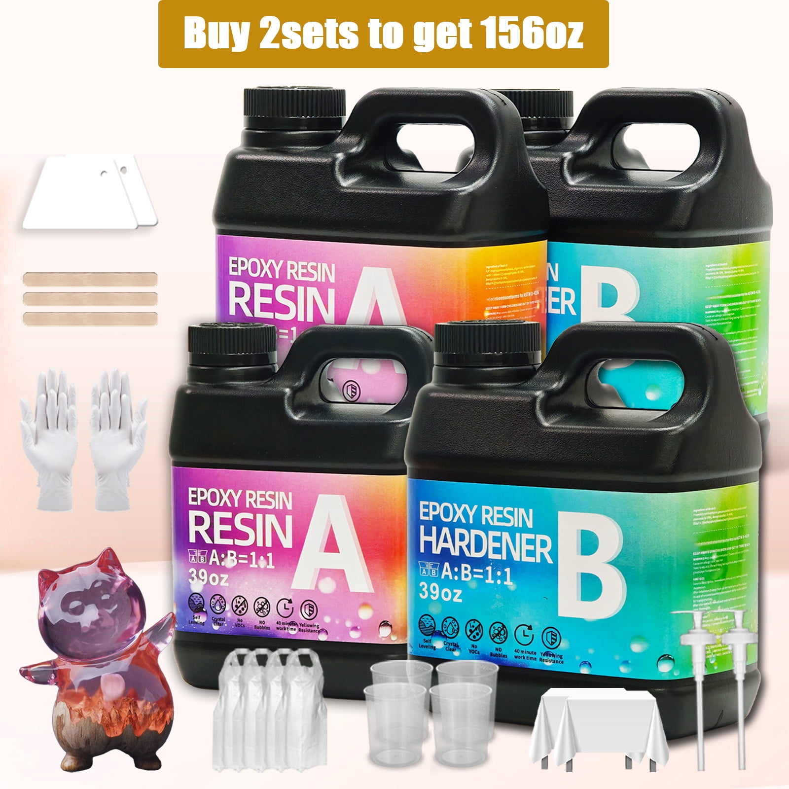 Epoxy Resin Kit 156OZ，Newly Formulated Crystal Clear Epoxy Resin, Strong, Bubble-Free, Anti-Yellowing Art Resin That, Suitable for Casting, DIY, Molds, Jewelry, Easy to Mix 1:1 Ratio