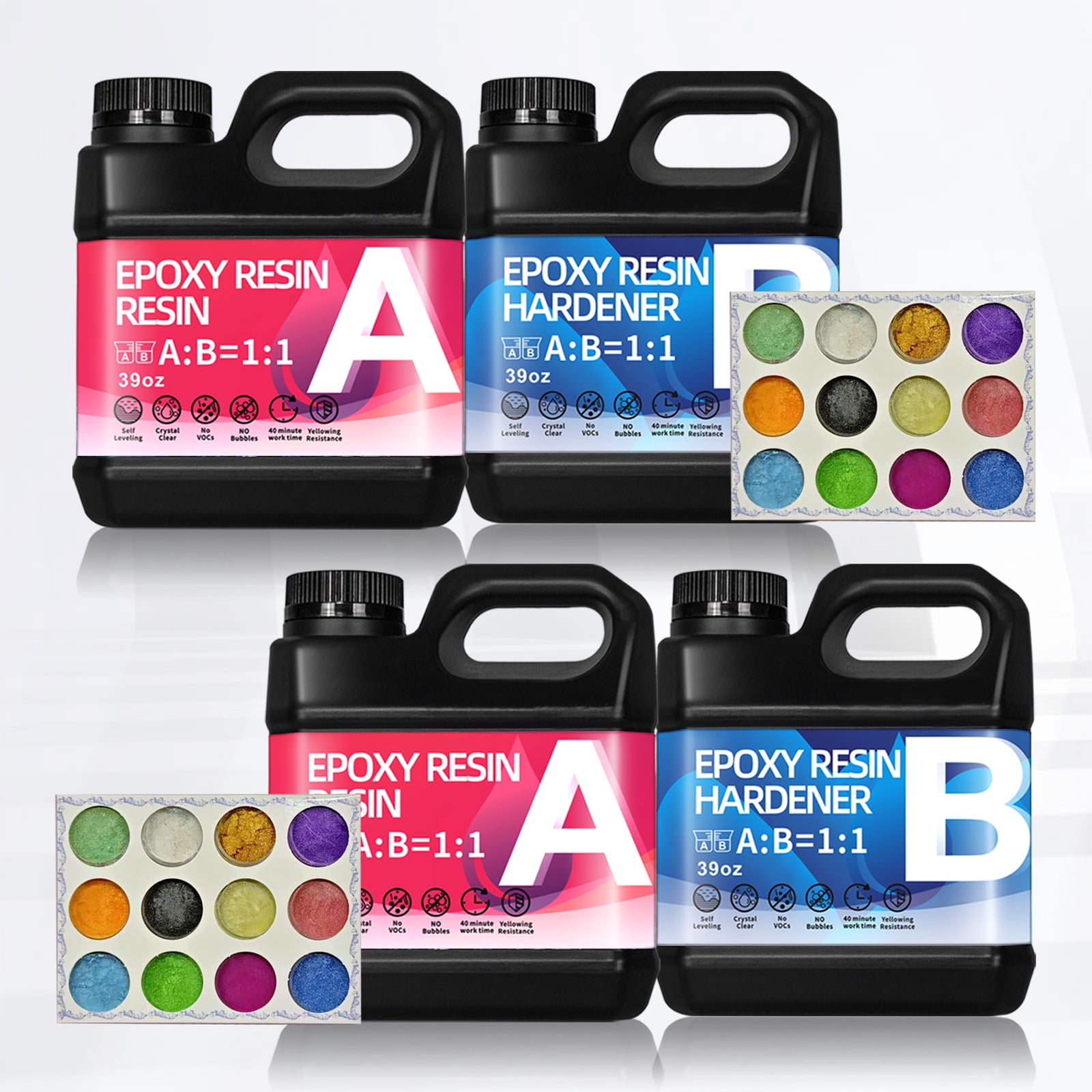 Epoxy Resin Kit 156OZ，With 12 Colors Pearlescent Crystal Clear Epoxy Resin, Strong, Bubble-Free, Anti-Yellowing Art Resin That, Suitable for Casting, DIY, Molds, Jewelry, Easy to Mix 1:1 Ratio