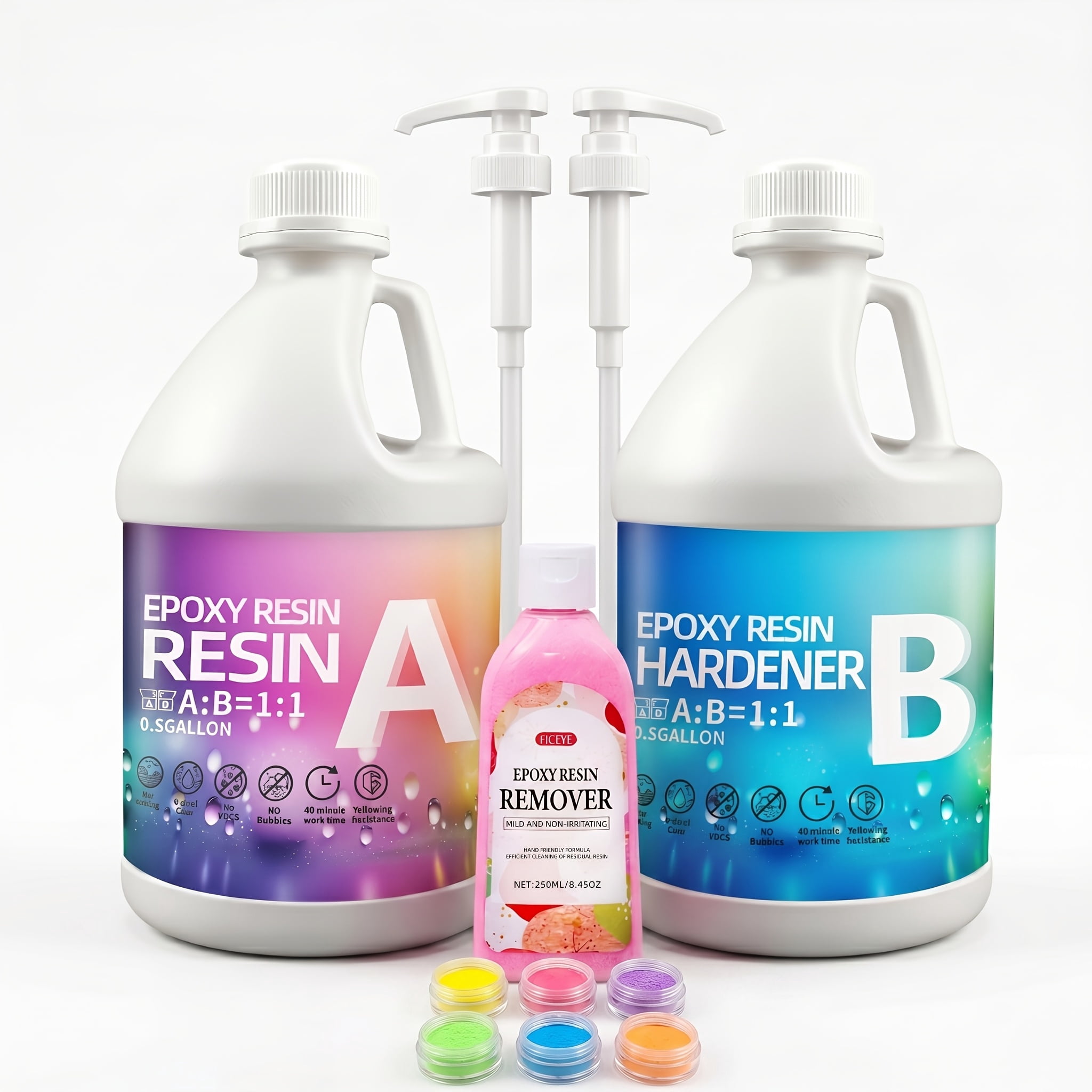 Epoxy Resin Kit 1GAL with 250ml remover and 6 color power, 1:1 Mixing Ratio, Bubble Free & Anti-Yellowing - High Gloss Casting & Coating Resin for Jewelry, River Tables, Bar Top, Countertops & Wood