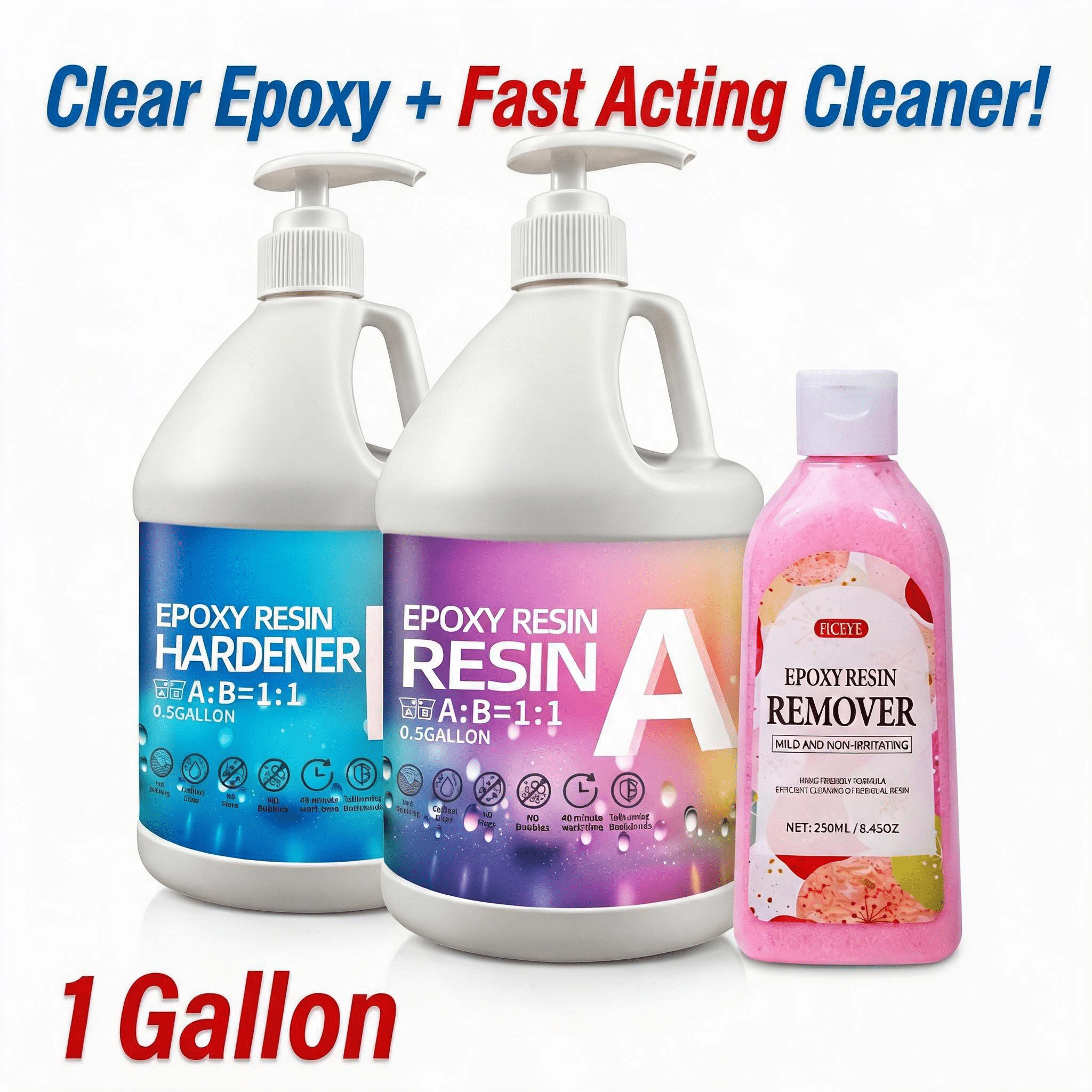 Epoxy Resin Kit 1GAL with 250ml remover and Tools, 1:1 Mixing Ratio, Bubble Free & Anti-Yellowing - High Gloss Casting & Coating Resin for Jewelry, River Tables, Bar Top, Countertops & Wood