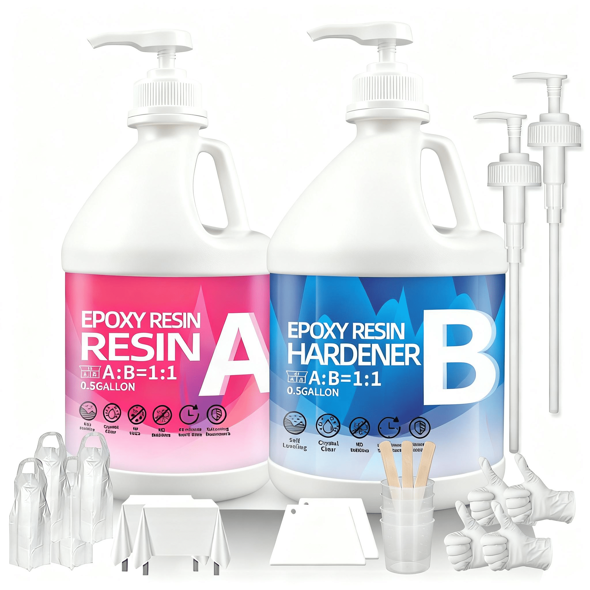 Epoxy Resin Kit 1GAL - Crystal Clear Resin with Tools, 1:1 Mixing Ratio, Bubble Free & Anti-Yellowing - High Gloss Casting & Coating Resin for Jewelry, River Tables, Bar Top, Countertops & Wood