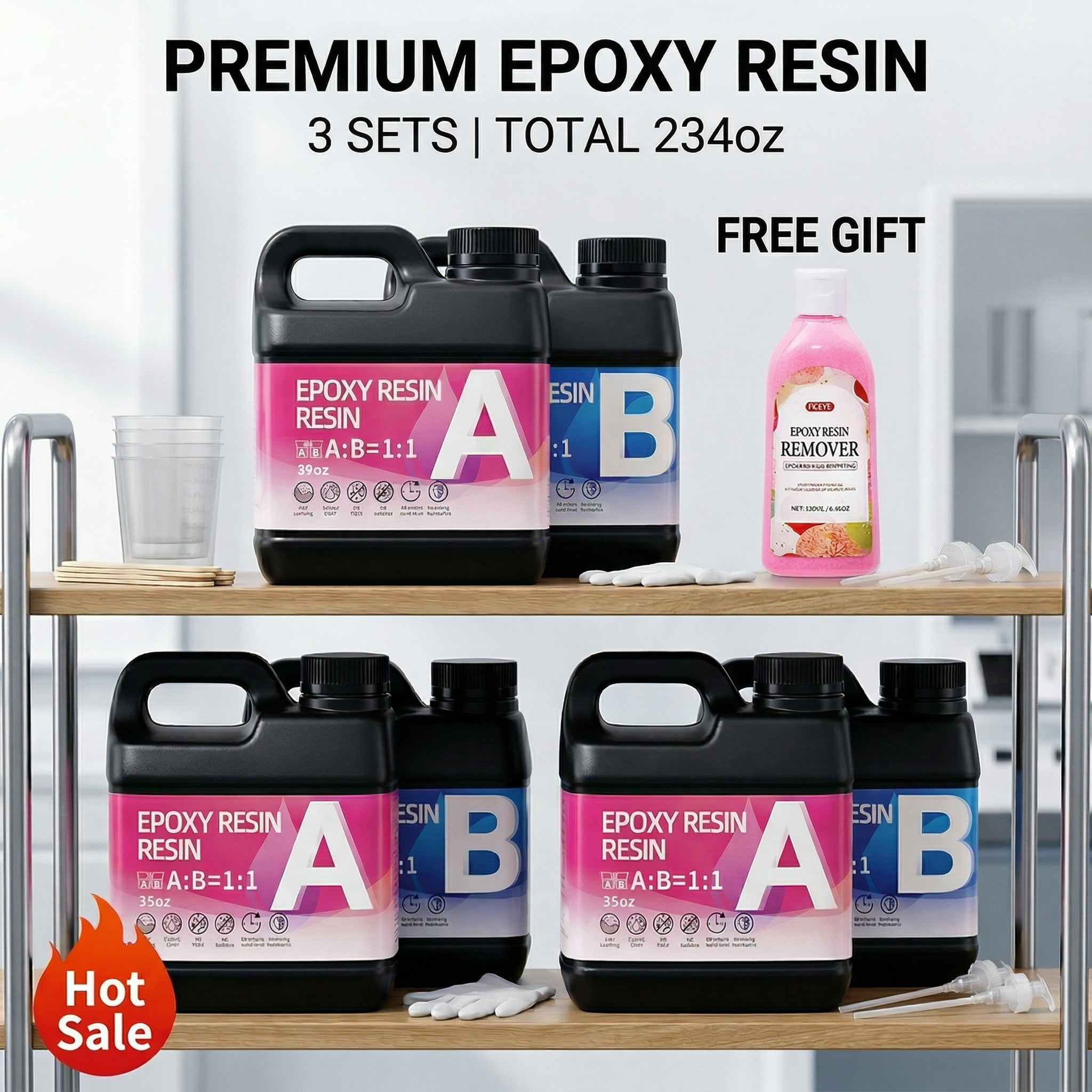 Epoxy Resin Kit 234oz with 250ml resin remover, Crystal Clear Epoxy Resin, Strong, Bubble-Free, Anti-Yellowing Art Resin That, Suitable for Casting, DIY, Molds, Jewelry, Easy to Mix 1:1 Ratio