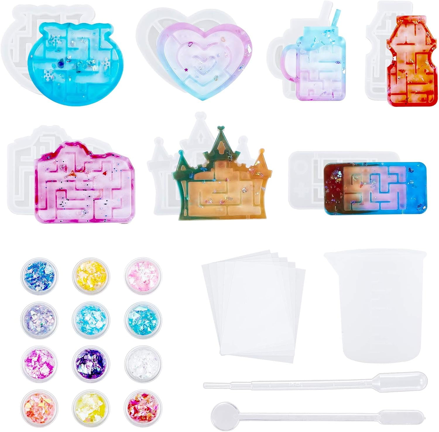 Epoxy Resin Molds Set 8 Shapes Labyrinth Silicone Molds Castle Molds with Sequins Measuring Cup Stirring Rod Pipettes and Latex Finger Cots DIY