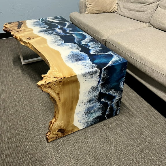 Epoxy Resin Ocean table, Living Room Decor, Designer Resin Table, Natural Wood Tables, Live Edge Table
