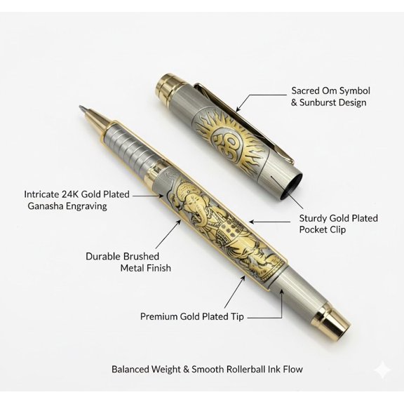 Epraiser Brass Made Premium Lord Krishna Engraved Designer Luxury German Roller Ball Pen for Executive Writing, Office & Corporate Gifting