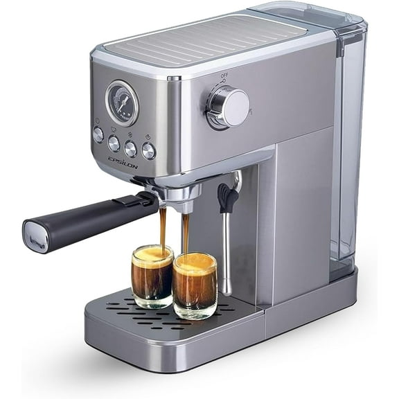 Epsilon Coffee Machine with Milk Frother, Compact 20-Bar Espresso Maker, Hot and Iced Coffee Maker with Removable Water Tank, Cold Brew Feature, and Steam Wand, 1.2L Capacity - Stainless Steel