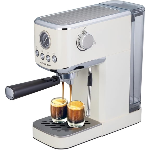 Epsilon Coffee Machine with Milk Frother, Compact 20-Bar Espresso Maker, Hot and Iced Coffee Maker with Removable Water Tank, Cold Brew Feature, and Steam Wand, 1.2L Capacity - Stainless Steel