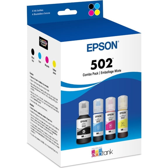 Epson 502 Genuine Ink Bottle 4-Pack (T502120-BCS) Black, Cyan, Magenta & Yellow for EcoTank ET-2700, ET-2760, ET-2850, ET-3700, ET-3850, ET-4850, ET-4760 (Sold without manufacturer warranty)