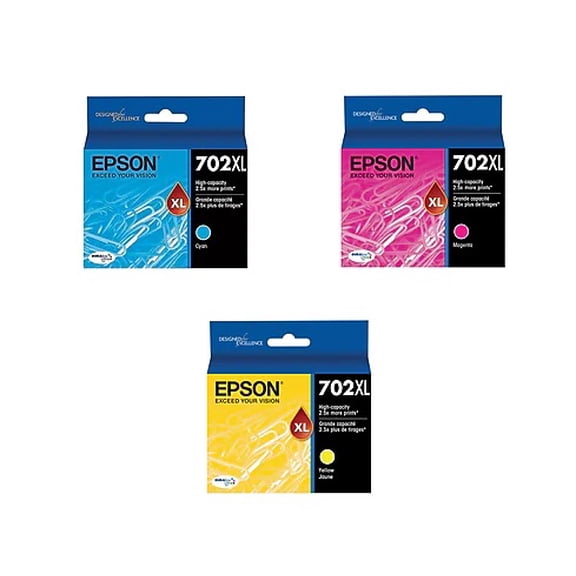 Epson 702XL DURABrite Ultra High-Yield Cyan, Yellow, Magenta InkCartridge Set, 3PK, 950 Page-Yield