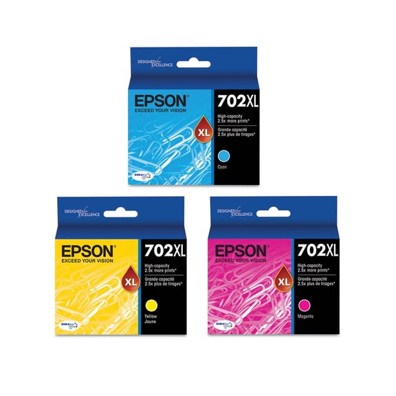 Epson 702XL DURABrite Ultra High-Yield Cyan, Yellow, Magenta InkCartridge Set, 3PK, 950 Page-Yield