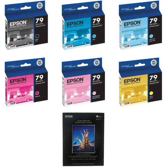 Epson 79 Standard Capacity Ink Cartridge Complete Color Set and 50 Sheets 8.5"x11" Photo Paper