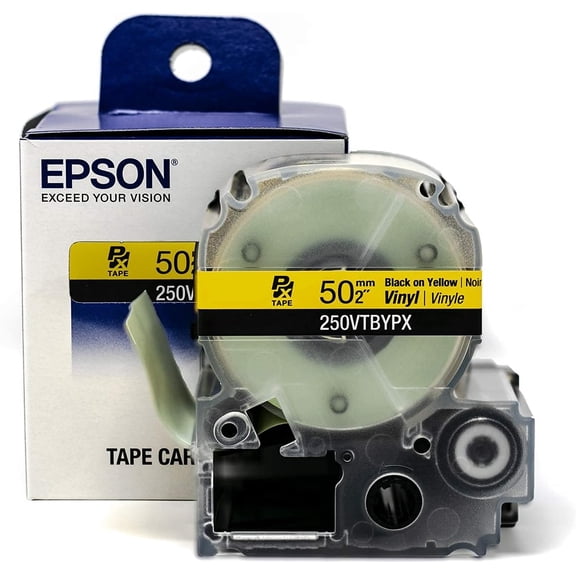 Epson LABELWORKS 250VTBWYX - Black on Yellow Vinyl Label Maker Tape - 2" (50MM) Wide, 22.9'