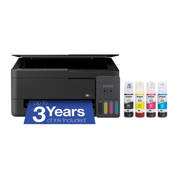 Epson EcoTank ET-2410 Wireless All-in-One Color Supertank Printer with up to 3 Years of Ink, Refillable Tanks, Perfect for Home, 11 PPM, Built-in Scanner – Black