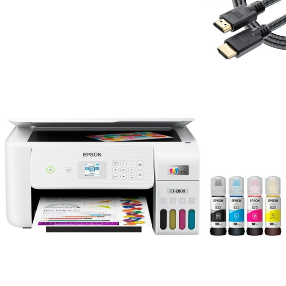Epson EcoTank ET-2800 Wireless All-in-One Color Inkjet PRINTER, 5760 x 1440 dpi, 10 ppm, The Ideal Basic Home Printer, Print Scan Copy, White, Bundle Printer Cable