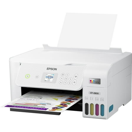 Pre-Owned Epson EcoTank ET-2800 Wireless All-in-One Color Inkjet PRINTER, 5760 x 1440 dpi, 10 ppm, The Ideal Basic Home Printer, Print Scan Copy, White, Bundle Printer Cable