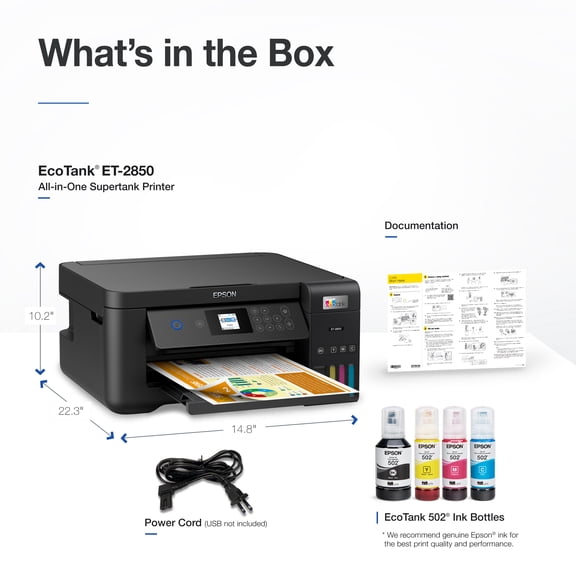 (Open Box) Epson EcoTank ET-2850 Wireless Color All-in-One Cartridge-Free Supertank Printer with Scan, Copy and Auto 2-Sided Printing - White