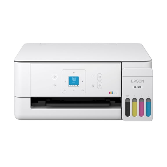 Epson EcoTank ET-2903 Wireless All-in-One Color Supertank Printer with up to 3 Years of Ink, Refillable Tanks, Perfect for Home, 11 PPM, 1.44" Color Screen, Built-in Scanner White