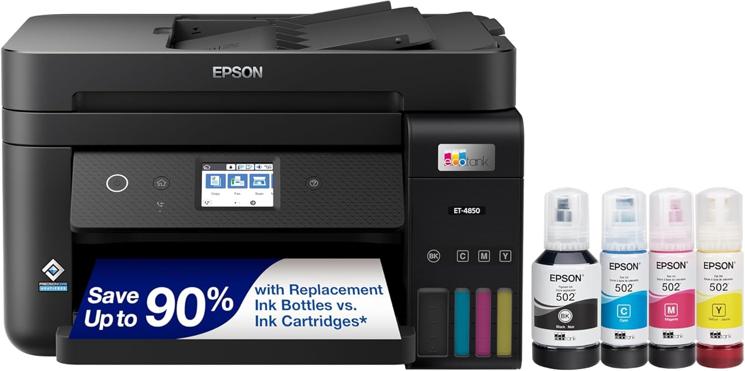 Epson EcoTank ET-4850 Wireless All-in-One Cartridge-Free Supertank with Scanner Copier, Fax, ADF and Ethernet, The Perfect Office Printer - Black (Sold without manufacturer warranty)