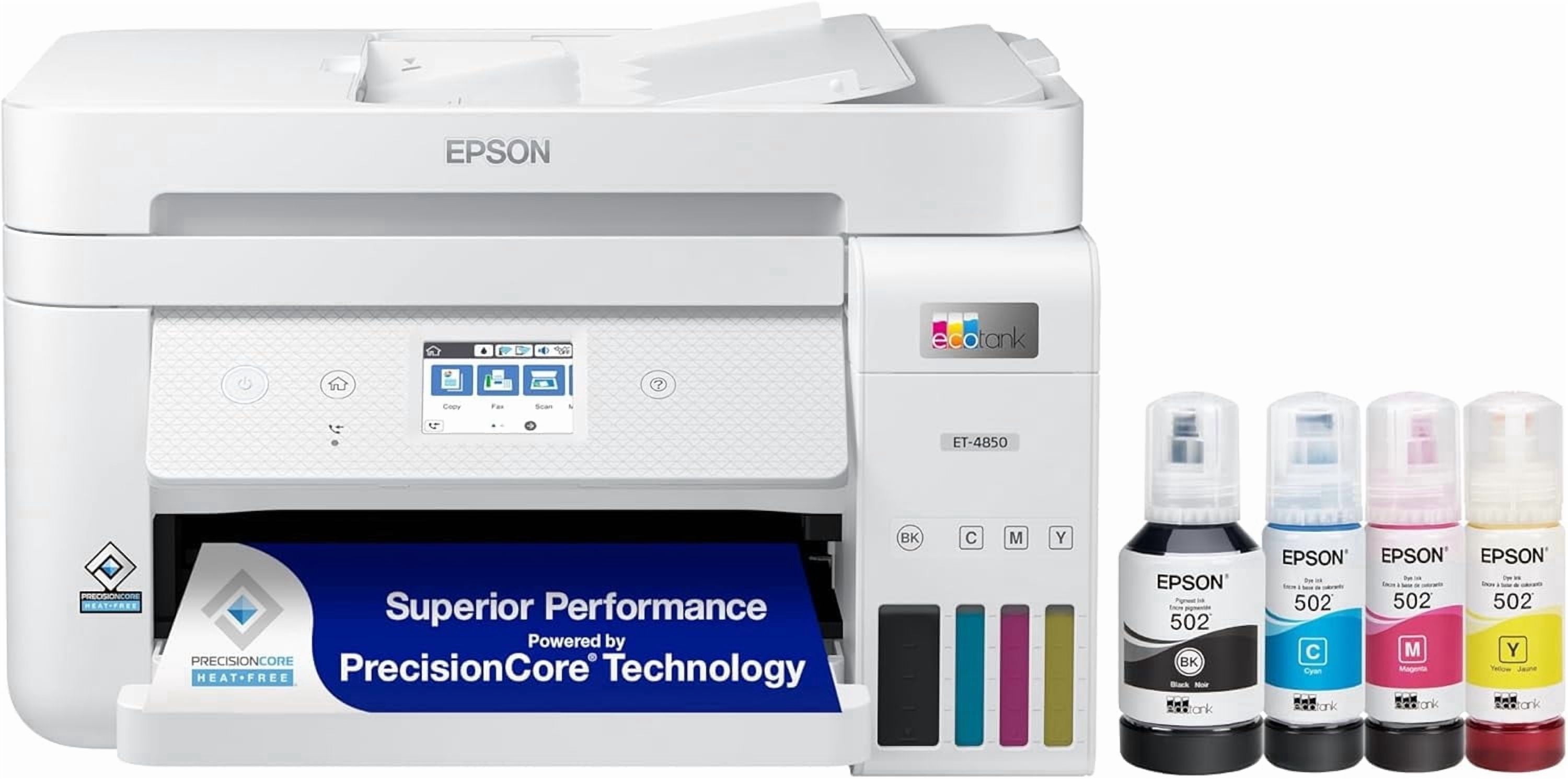 Epson EcoTank ET-4850 Wireless All-in-One Cartridge-Free Supertank with Scanner Copier, Fax, ADF and Ethernet, The Printer Office Printer - White (Sold without manufacturer warranty)