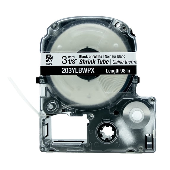 Epson LABELWORKS 203YLBWPX - Black on White Shrink Tube Label Maker Tape - AWG 16-22, 1/8" (3MM) Wide, 8 ft (98")