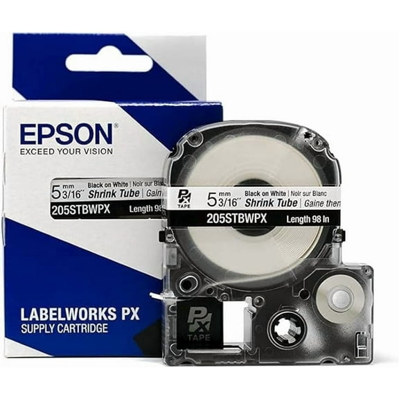 Epson LABELWORKS 205STBWPX Shrink Tube - 3/16" (5MM) x 8 ft Black on White (AWG 8-12)