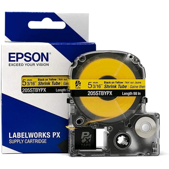 Epson LABELWORKS 205STBYPX - Black on Yellow Shrink Tube Label Maker Tape - AWG 8-12, 3/16" (5MM) Wide, 8 ft (96")