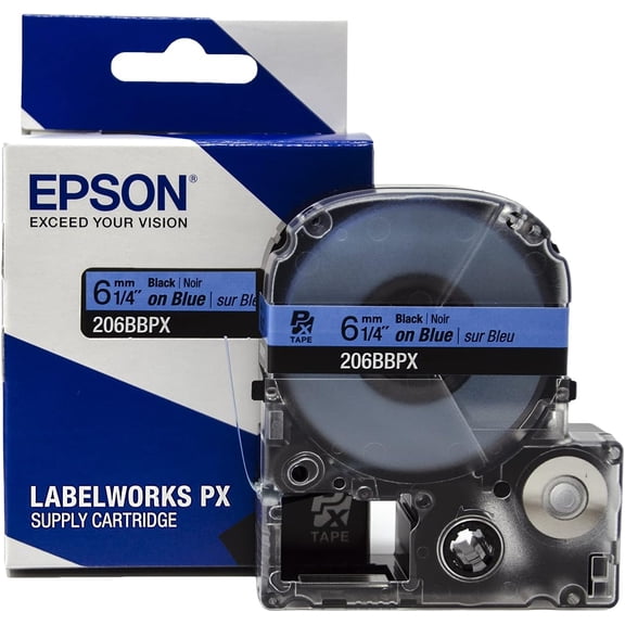 Epson LABELWORKS 206BBPX - Black on Blue PET Label Maker Tape - 1/4" (6MM) Wide, 30'
