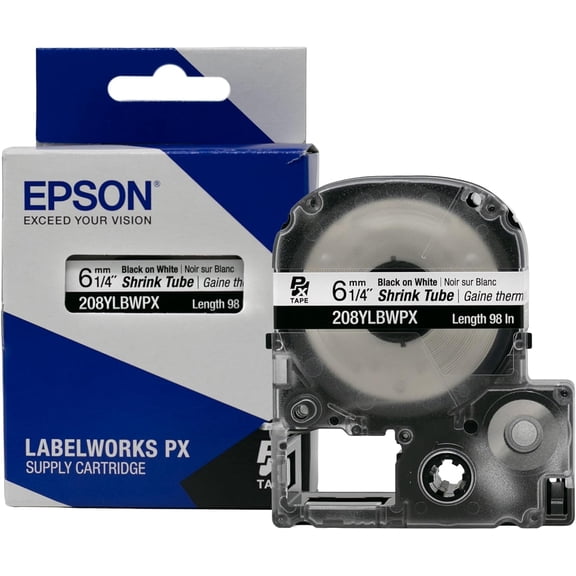 Epson LABELWORKS 208YLBWPX - Black on White Shrink Tube Label Maker Tape - AWG 6-18, 1/4" (6MM) Wide, 8 ft (98")