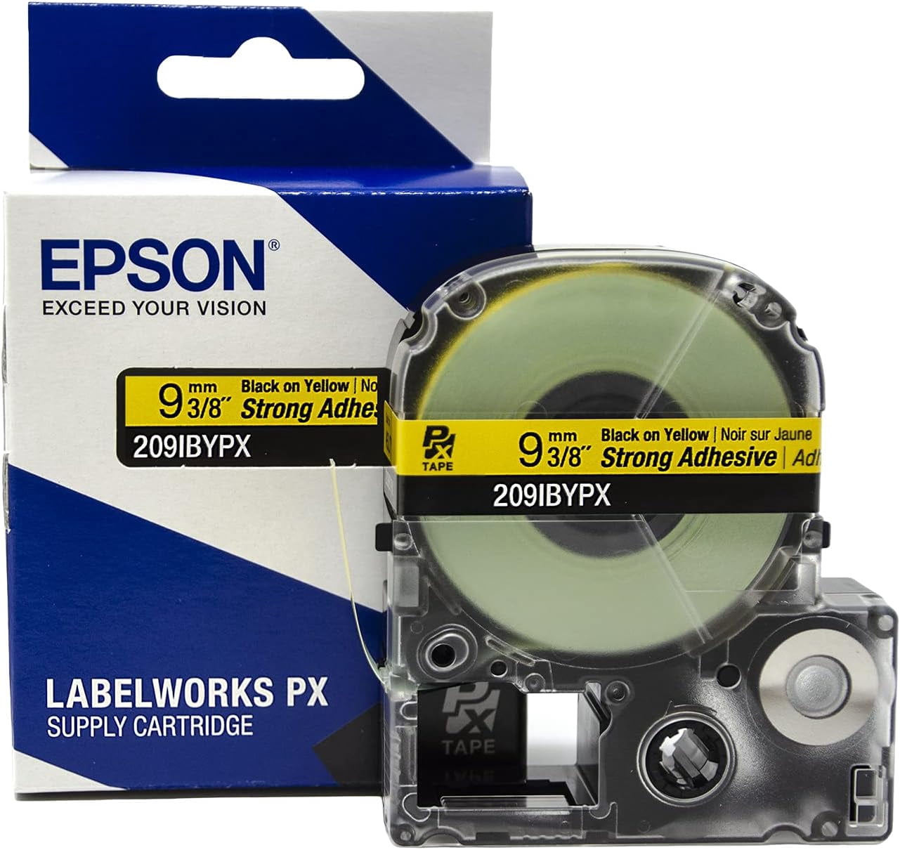 Epson LABELWORKS 209IBYPX - Black on Yellow PET Label Maker Tape, Strong Adhesive - 3/8" (9MM) Wide, 30'