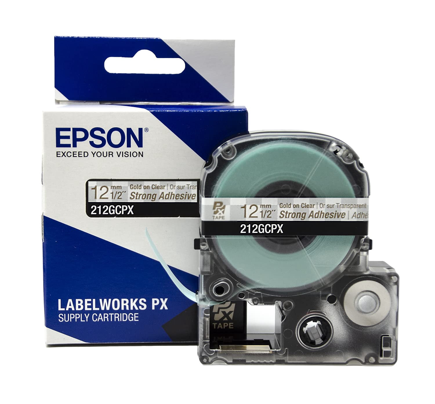 Epson LABELWORKS 212GCPX - Gold on Clear PET Label Maker Tape - 1/2" (12MM) Wide, 30'