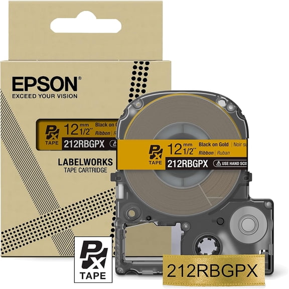 Epson LABELWORKS 212RBGPX - Black on Gold Ribbon Label Maker Tape - 1/2" (12MM) Wide, 16'