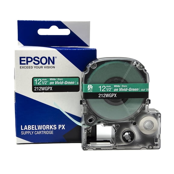 Epson LABELWORKS 212WGPX - White on Green PET Label Maker Tape - 1/2" (12MM) Wide, 30'