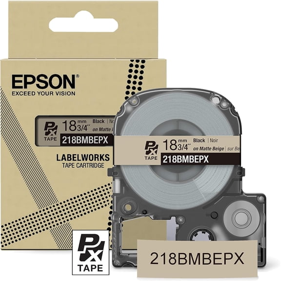 Epson LABELWORKS 218BMBEPX - Black on Matte Beige PET Label Maker Tape - 3/4" (18MM) Wide, 26'