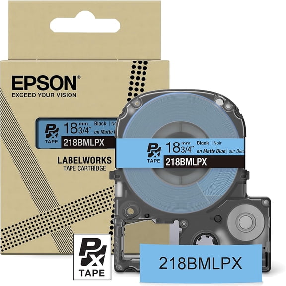 Epson LABELWORKS 218BMLPX - Black on Matte Blue PET Label Maker Tape - 3/4" (18MM) Wide, 26'