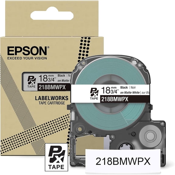 Epson LABELWORKS 218BMWPX - Black on Matte White PET Label Maker Tape - 3/4" (18MM) Wide, 26'