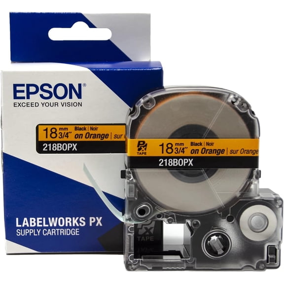 Epson LABELWORKS 218BOPX - Black on Orange PET Label Maker Tape - 3/4" (18MM) Wide, 30'