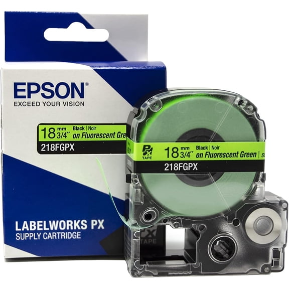 Epson LABELWORKS 218FGPX - Black on Fluorescent Green PET Label Maker Tape - 3/4" (18MM) Wide, 30'