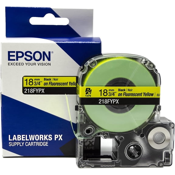 Epson LABELWORKS 218FYPX - Black on Fluorescent Yellow PET Label Maker Tape - 3/4" (18MM) Wide, 30'