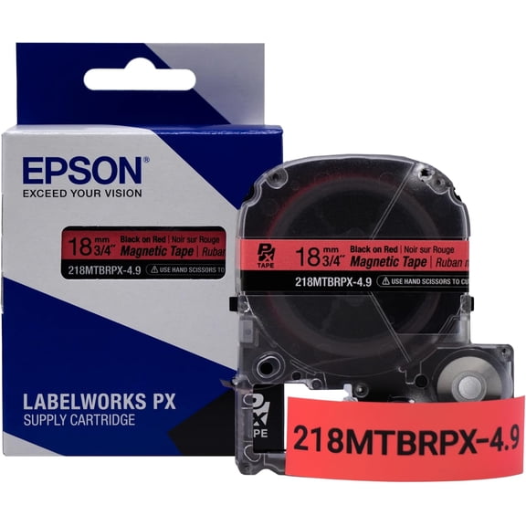 Epson LABELWORKS 218MTBRPX-4.9 - Black on Red Magnetic Label Maker Tape - 3/4" (18MM) Wide, 4.9 ft