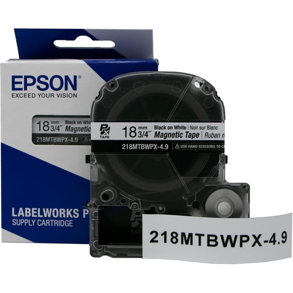 Epson LABELWORKS 218MTBWPX-4.9 - Black on White Magnetic Label Maker Tape - 3/4" (18MM) Wide, 4.9 ft