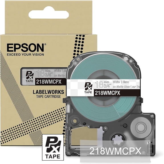 Epson LABELWORKS 218WMCPX - White on Matte Clear PET Label Maker Tape - 3/4" (18MM) Wide, 26'