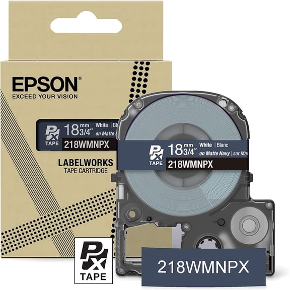 Epson LABELWORKS 218WMNPX - White on Matte Navy PET Label Maker Tape - 3/4" (18MM) Wide, 26'