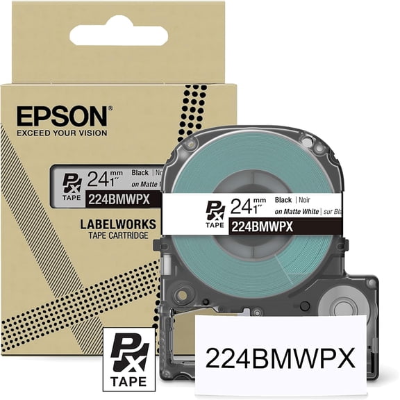 Epson LABELWORKS 224BMWPX - Black on Matte White PET Label Maker Tape - 1" (24MM) Wide, 26'