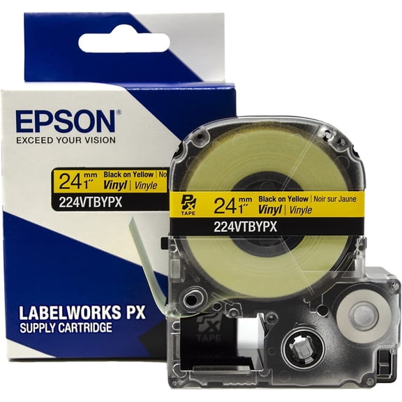 Epson LABELWORKS 224VTBYPX - Black on Yellow Vinyl Label Maker Tape - 1" (24MM) Wide, 22.9'