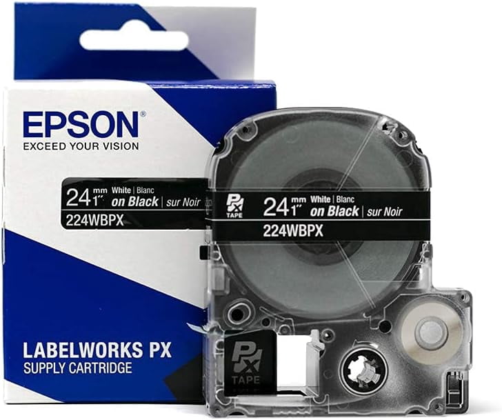 Epson LABELWORKS 224WBPX - White on Black PET Label Maker Tape - 1" (24MM) Wide, 30'
