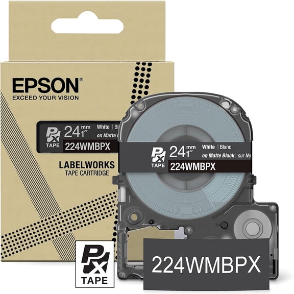 Epson LABELWORKS 224WMBPX - White on Matte Black PET Label Maker Tape - 1" (24MM) Wide, 26'