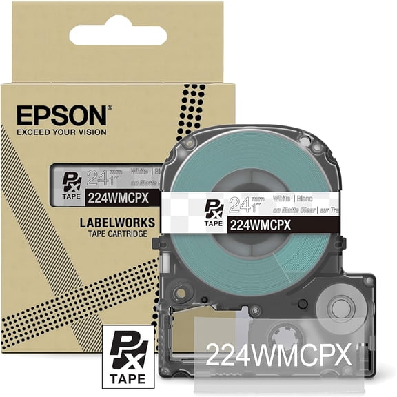 Epson LABELWORKS 224WMCPX - White on Matte Clear PET Label Maker Tape - 1" (24MM) Wide, 26'